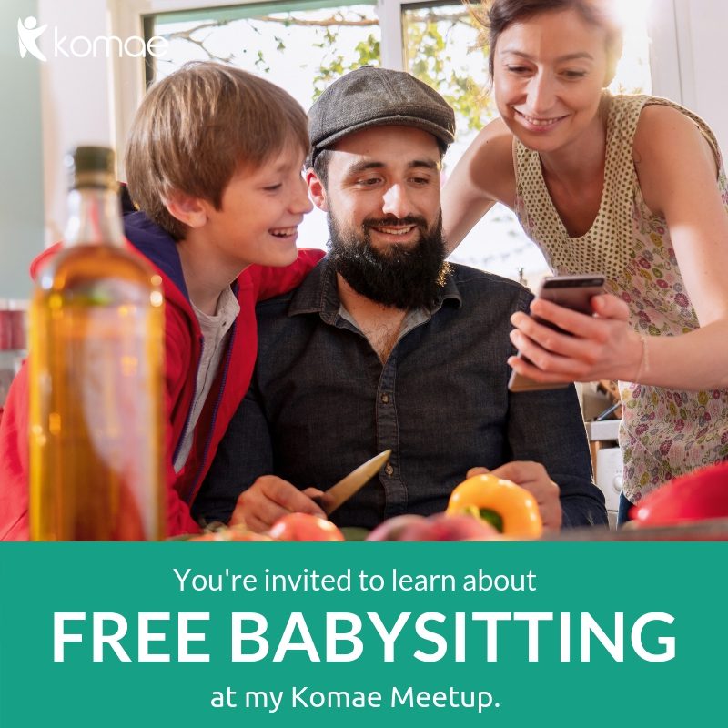 a family looking at their phones, text image 'You're invited to learn about free babysitting at my Komae Meetup'