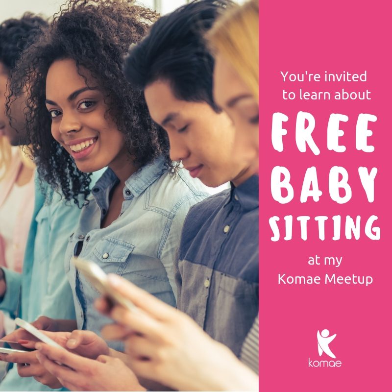 a group of people looking at their phones, text image 'You're invited to learn about free babysitting at my Komae Meetup'