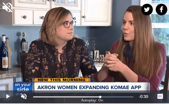 text image 'akron women expanding komae app' with two women speaking on a news channel