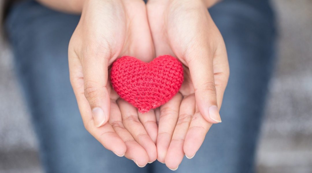 two hands cupped together holding a knitted red heart plush toy