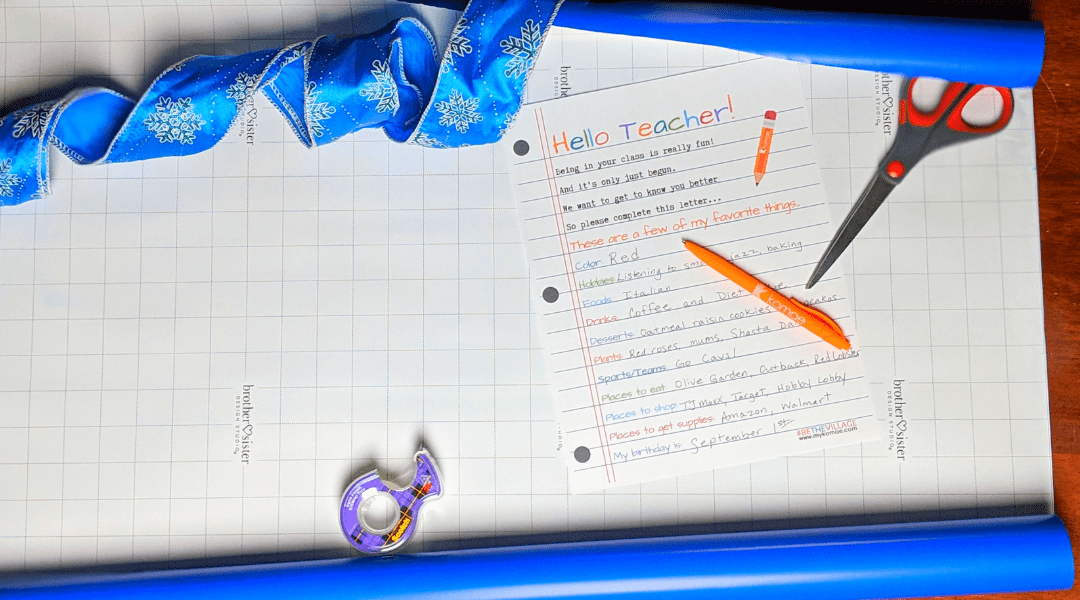 a teacher gift letter from a student with colorful pens and ribbon