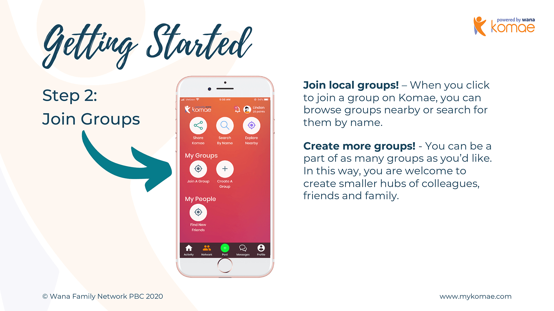 Image of the Komae app of how to join a babysitting co-op group