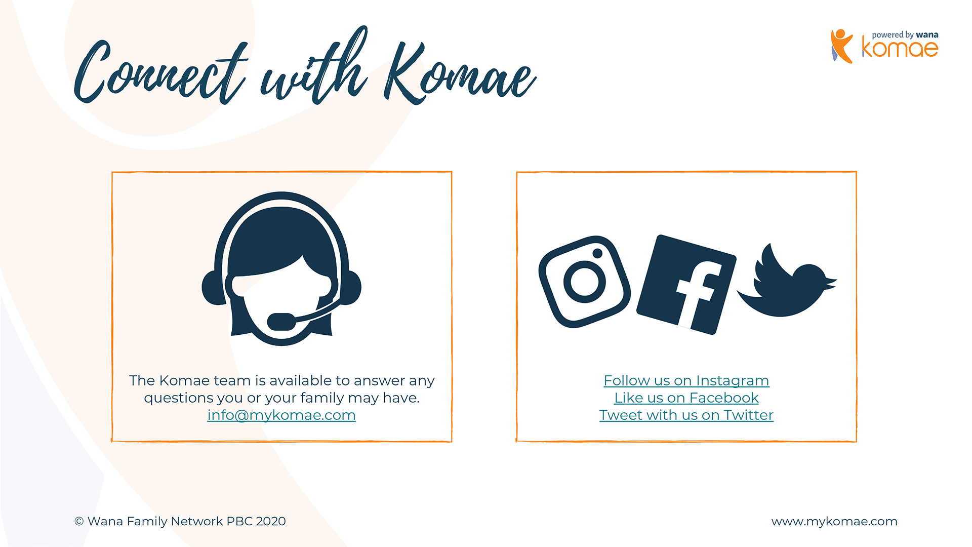connect with Komae over the phone or on social media