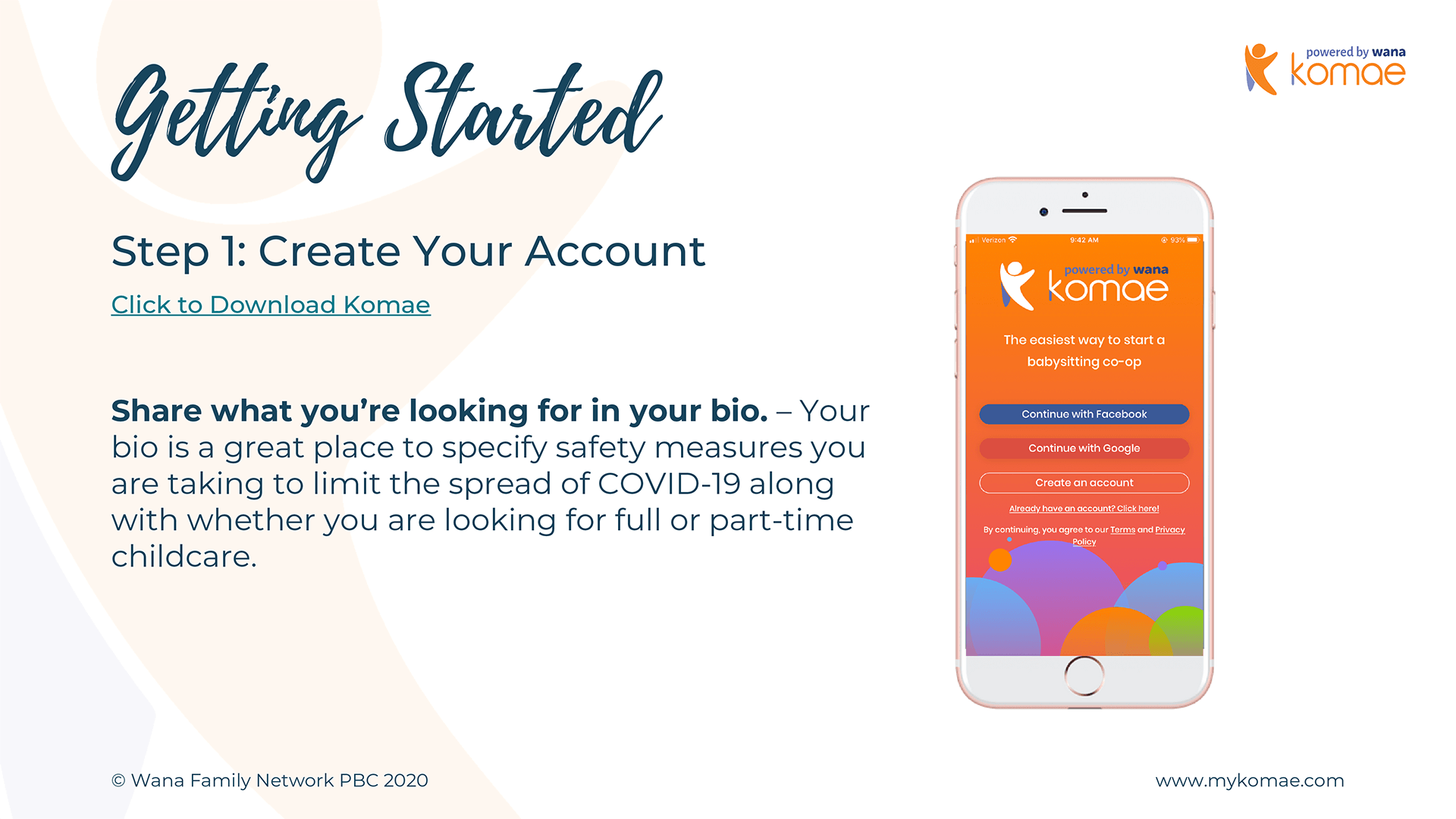 image of the Komae app log in screen on how to create your account