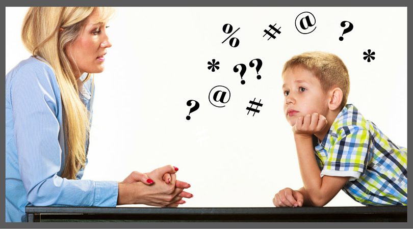 Mom talking to son who is not paying attention. She is thinking, "my kids aren't listening."